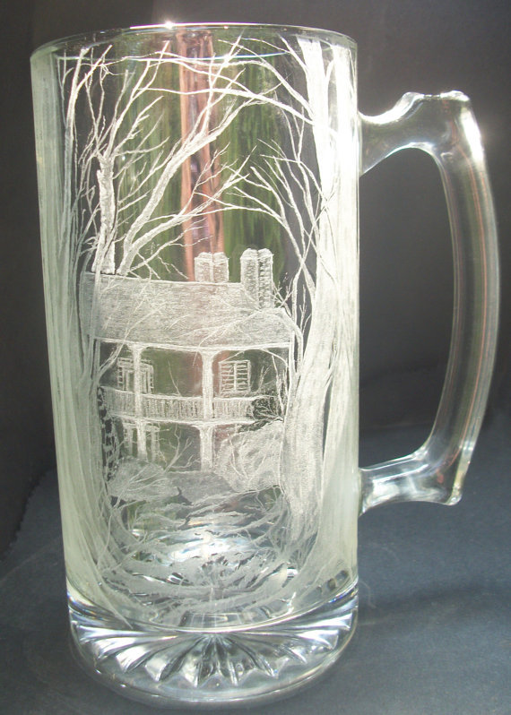 Hand Engraved Glass Mug "summerset" Historic Home, Original One Of A Kind Art